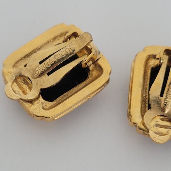 Nina Ricci Black Rectangle Onyx Clear Rhinestone Gold Tone Clip On Earrings - Picture 3 of 8